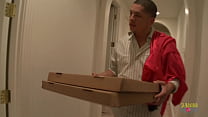 Hot blonde girl didn't have enough money to pay for pizza so she decided to suck the delivery guy's hard cock before letting him drill her trimmed pussy hard.